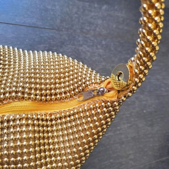 Women Ball Mesh Wristlet Yellow Gold Pouch Handle Bag Glitter Triangle Clutch - Picture 7 of 7